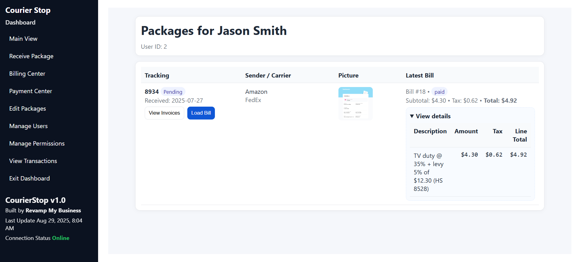 Package tracking table with filters and status updates.